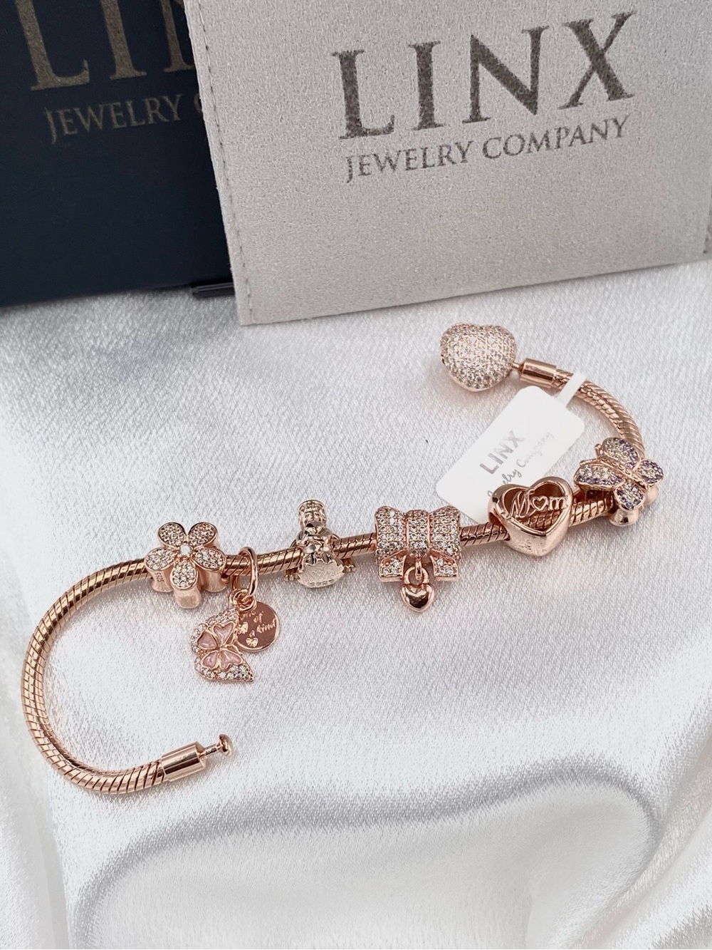 Linx Rose Gold Snake Chain Charm Bracelet with Zircon Mom Themed Charms